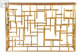 Gold-finished metal jana rectangular console table with wooden top and geometric lattice design rectangular console table