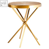 Jana round side table with gold-finished metal crossed legs and fir wood round top with vertical lines grain