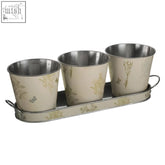 Jardin set of three pots with powder paint coating in cream metal and green botanical prints on oblong tray