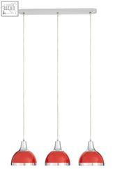 Three red dome pendant lights with chrome accents hanging from a white chrome pendant light fixture