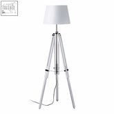 Jasper white tripod base floor lamp with white lampshade, chrome finish, black accents, and central folding mechanism