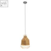 Jaya natural rattan pendant light with woven rattan shade, geometric wire cage, and chrome ceiling mount