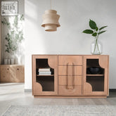 Light wood jodhpur large sideboard in pale taupe mango wood with geometric curved grooved panels and glass compartments