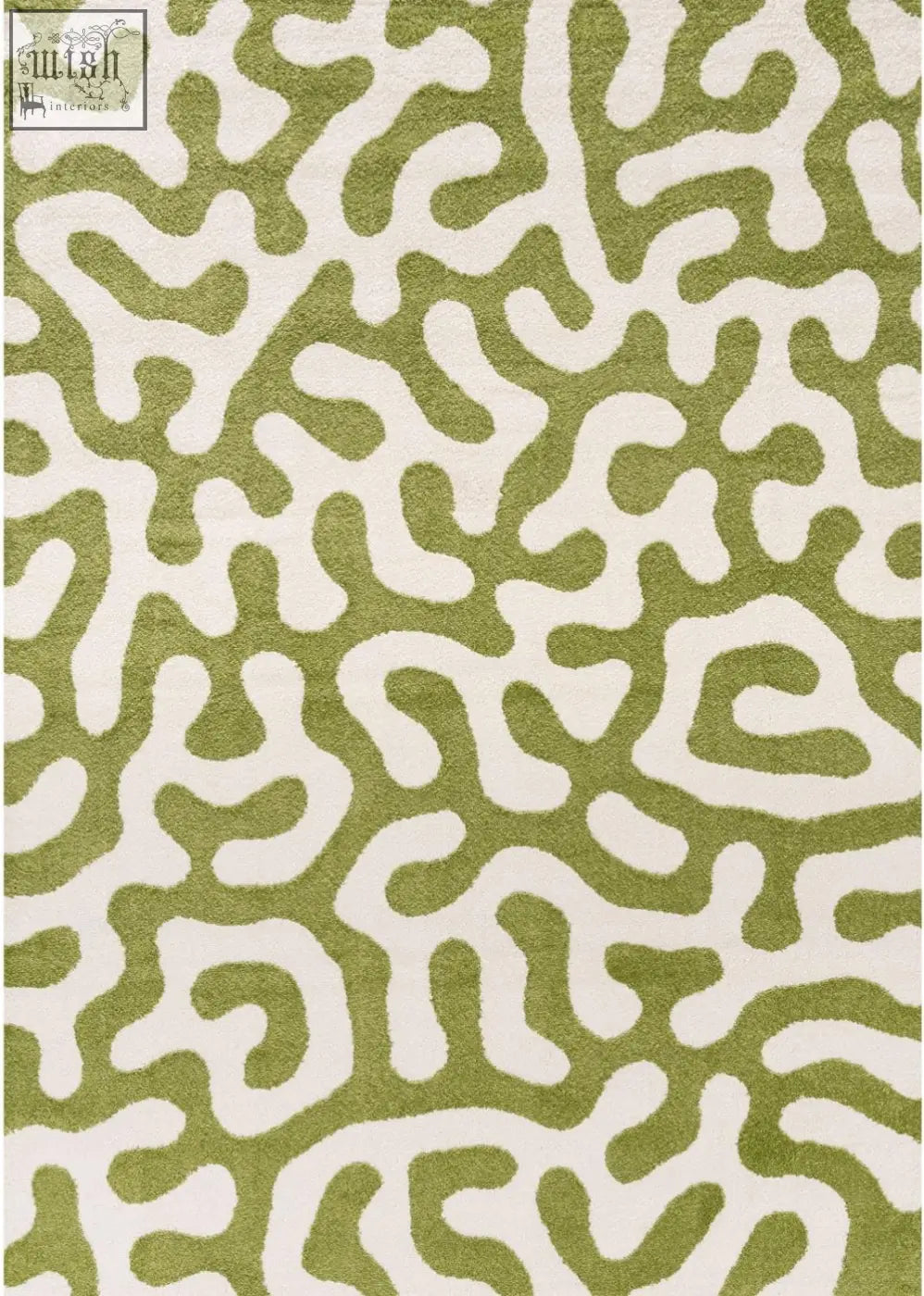 Olive green and cream coral inspired area rug featuring a joli doodle green pattern for stylish decor