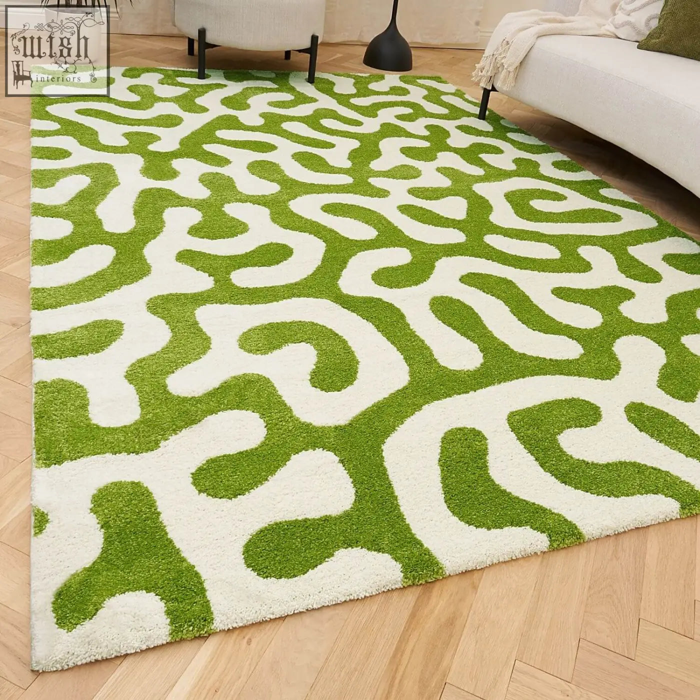 Plush textured joli doodle green and white rug with vibrant lime green abstract pattern and soft shag surface