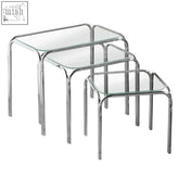 Set of three jordan nest of clear glass tables with sleek chrome metal frames and modern design
