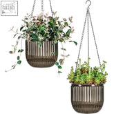 Brown ribbed josteve 6.5 inch hanging planters with chain suspensions and visible water level for indoor use