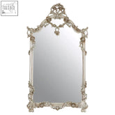 Juliet rectangular framed wall mirror with antique silver baroque carvings and decorative crest on top
