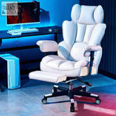 Cream high back juvellian office chair made of white leather with armrests and attached footrest for office use