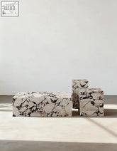 Set of three minimalist kabelo coffee table set boxes with marble effect in sleek white and black veined sintered stone