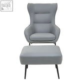 Kaiko grey faux leather armchair and footstool with sleek black metal legs and wingback design for stylish comfort
