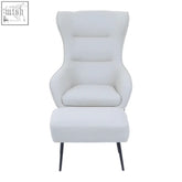 White faux leather armchair with black metal legs and matching ottoman from kaiko stone faux leather armchair set