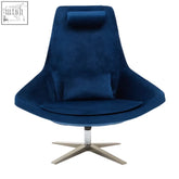 Deep blue kalo navy velvet swivel lounge chair with modern design and polished chrome star-shaped base