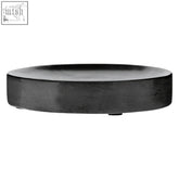 Black circular soap dish with matte finish and grey marble effect featuring slightly raised edges for stability