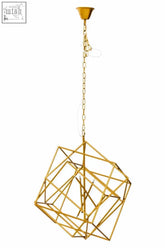 Kamara brass finish six bulb pendant light with gold geometric open cubic frame and chain suspension