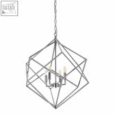 Silver geometric kamara double box chandelier with modern open frame and six exposed bulbs in double box design style