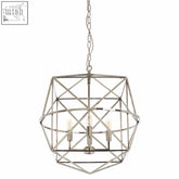 A modern kamara hexagonal chandelier with a metallic frame and four exposed bulbs in a hexagonal chandelier design
