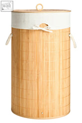 Natural bamboo kankyo natural round laundry hamper with light beige fabric band and white rope handles