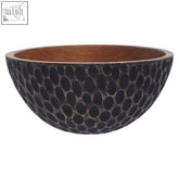 Black hammered metal kara large mango wood bowl with smooth warm-toned wooden interior for serving or decor