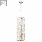 Chrome finish vertical pendant light with clear crystal rods and matching chain from karli glass and chrome finish vertical light
