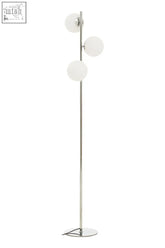Karter chrome finish white glass floor lamp with three spherical shades on a slender chrome finish pole