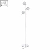 Karter chrome finish table lamp with three lights features a chrome finish and three spherical globe shades in tiered design
