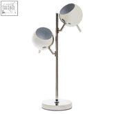 Karter chrome finish table lamp with two spherical white shades and modern chrome finish design