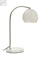Karter chrome finish table lamp with white base featuring a sleek chrome finish and frosted glass shade on marble base