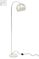 Karter floor chrome finish lamp features a sleek chrome finish with a curved neck and white base on marble