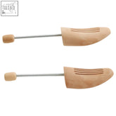Light brown wooden kata d sparrow men shoe shapers with metal rod and rounded ends featuring a spreader plate