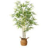 Tall artificial bamboo plant with slender green stalks and lush leaves in a woven wicker basket for indoor outdoor use