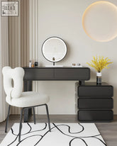 Black minimalist keene dressing table with circular led mirror and stacked drawers for stylish makeup storage