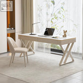 Modern cream-colored kelly office desk with sleek x-shaped metal frame and durable sintered stone top