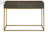 Modern kempton console table with dark brown top two gray shagreen drawers and gold-tone metal legs