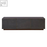 Dark gray matte kempton media unit with three rectangular doors and a wooden base for stylish storage