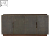 Dark gray textured leather kempton sideboard with four doors and walnut veneer wooden base for stylish storage