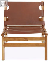 Kendari antique brown leather sling chair with wooden frame and bamboo accents in rich brown leather sling design