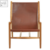 Kendari antique dark brown leather chair featuring a brown leather sling seat with a light wood frame