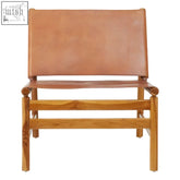 Kendari brown leather and teak modern sling chair with tan leather seat and wooden frame front view