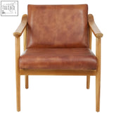 Kendari brown leather armchair with natural teak wood frame and light wood finish for comfortable seating