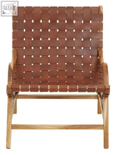 Kendari brown woven leather chair with wooden frame featuring flexible seating and brown woven leather upholstery
