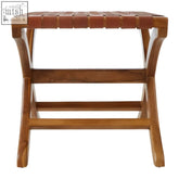 Kendari brown woven leather stool with brown woven leather seat strap and curved wooden legs in brown leather wrap