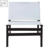 Black-framed kendari grey leather lounge chair with white woven fabric seat in black teak modern sling style