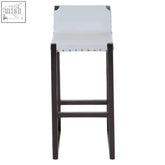 Kendari grey leather bar stool with white leather seat and black metal frame with decorative rivets