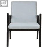 Kendari grey leather chair with black teak frame featuring a modern minimalist armchair with light gray upholstery