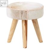 Kendari hair teak stool with a round cream leather seat braided pink trim and natural wood legs