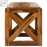 Rustic teak wood square stool with kendari hair natural-fur cushion and x-shaped cross-brace design