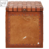 Brown leather storage stool kendari hair with woven top and studded edges for stylish leather storage