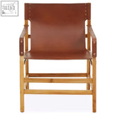 Light brown leather kendari chair with wooden frame and visible stitching details in brown leather and teak wood
