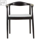 Kendari open back grey leather chair with black lacquered wood frame and white upholstered seat shown from the back